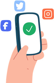 graphic in an illustrative design of an hand holding a mobile phone with social media icons in bubbles surrounding it